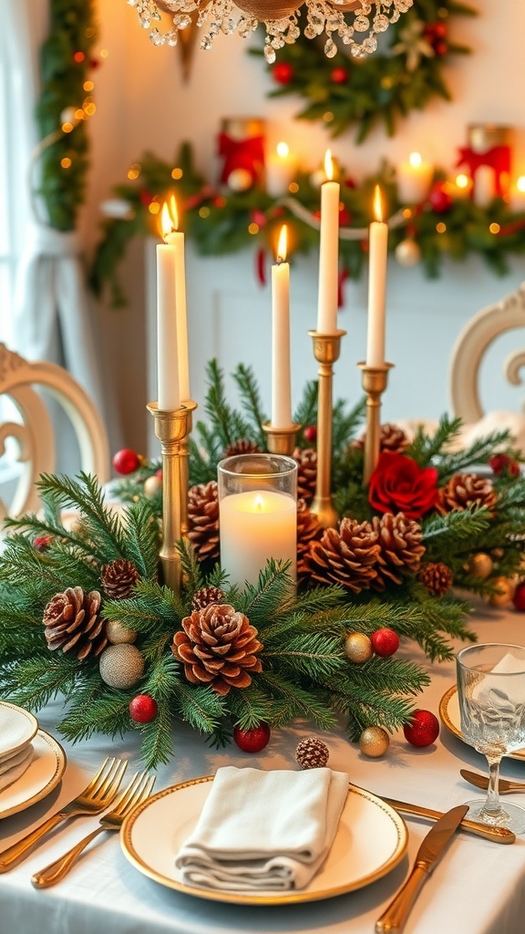 An elegant Christmas dinner table with a centerpiece of pinecones and candles, decorated with red and gold accents.